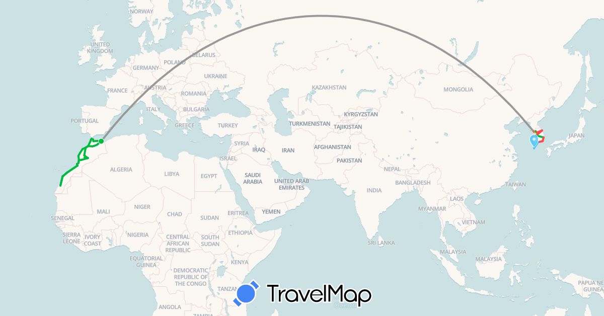 TravelMap itinerary: bus, plane, hiking, boat, hitchhiking in South Korea, Morocco (Africa, Asia)